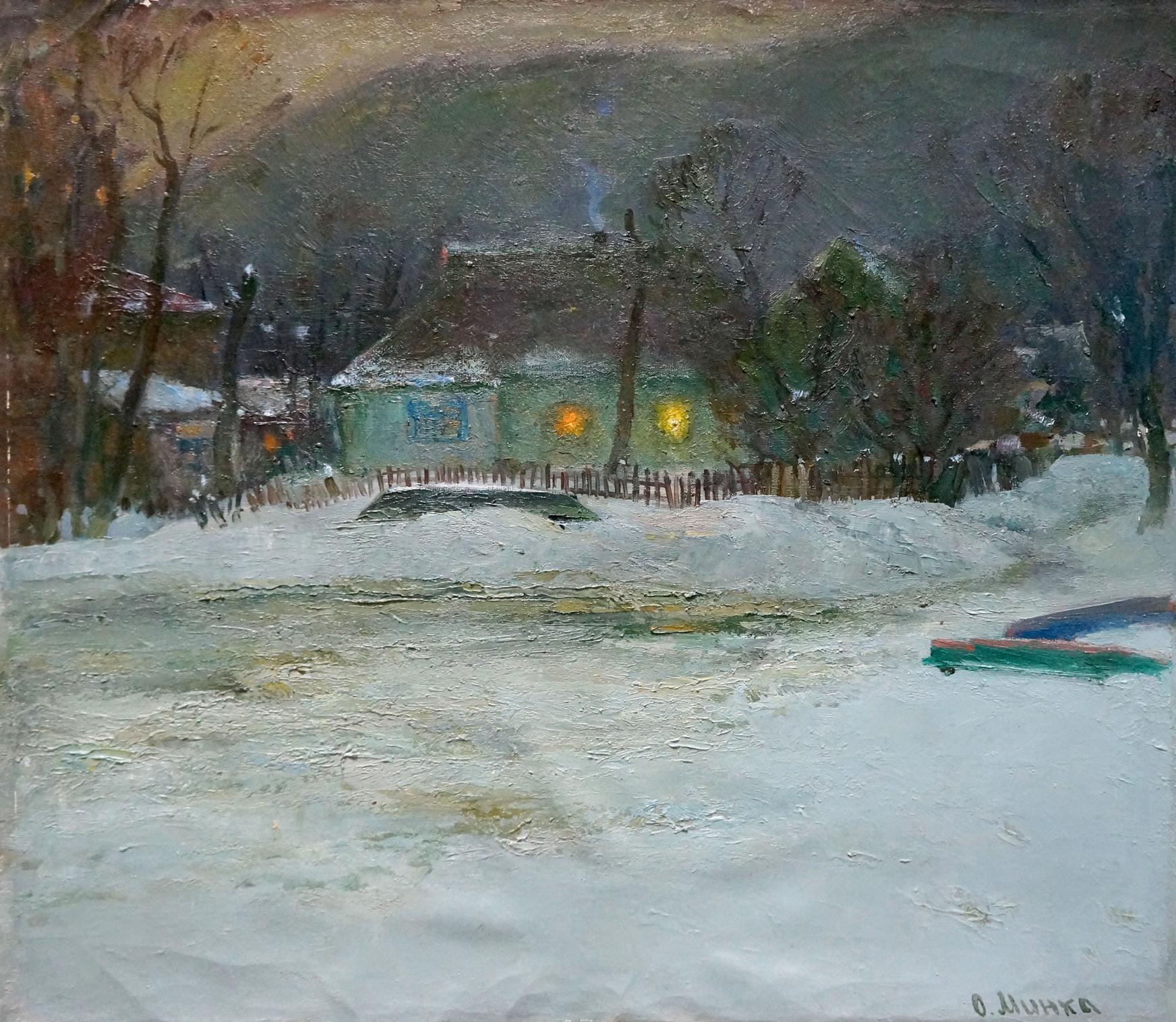Oil painting Winter’s tale by Minka Alexander Fedorovich: cozy light green house with glowing yellow windows in snowy landscape