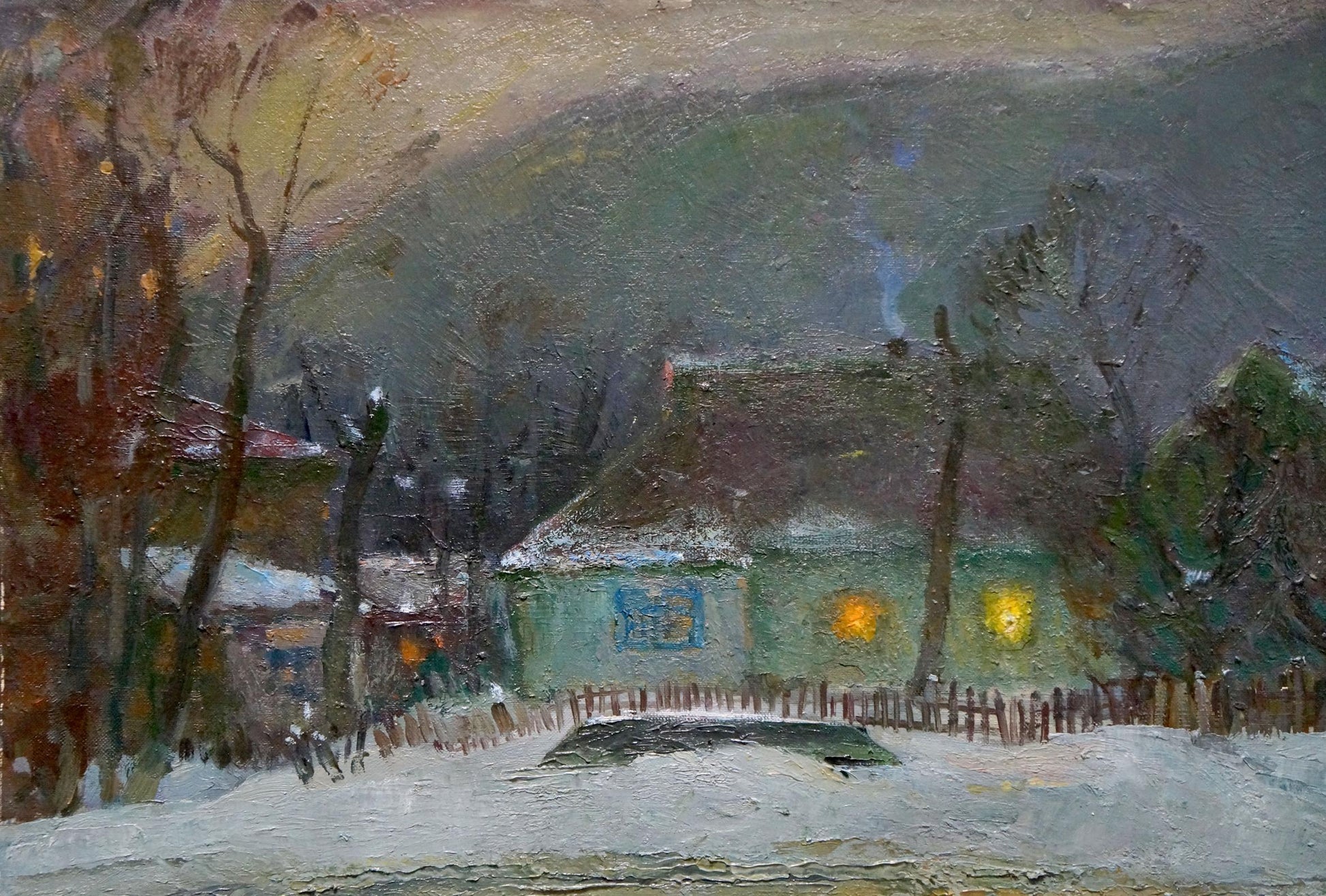 Oil painting Winters tale by Minka Alexander Fedorovich: cozy light green house with glowing windows and snowy roof