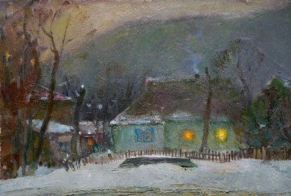 Oil painting Winters tale by Minka Alexander Fedorovich: cozy light green house with glowing windows and snowy roof