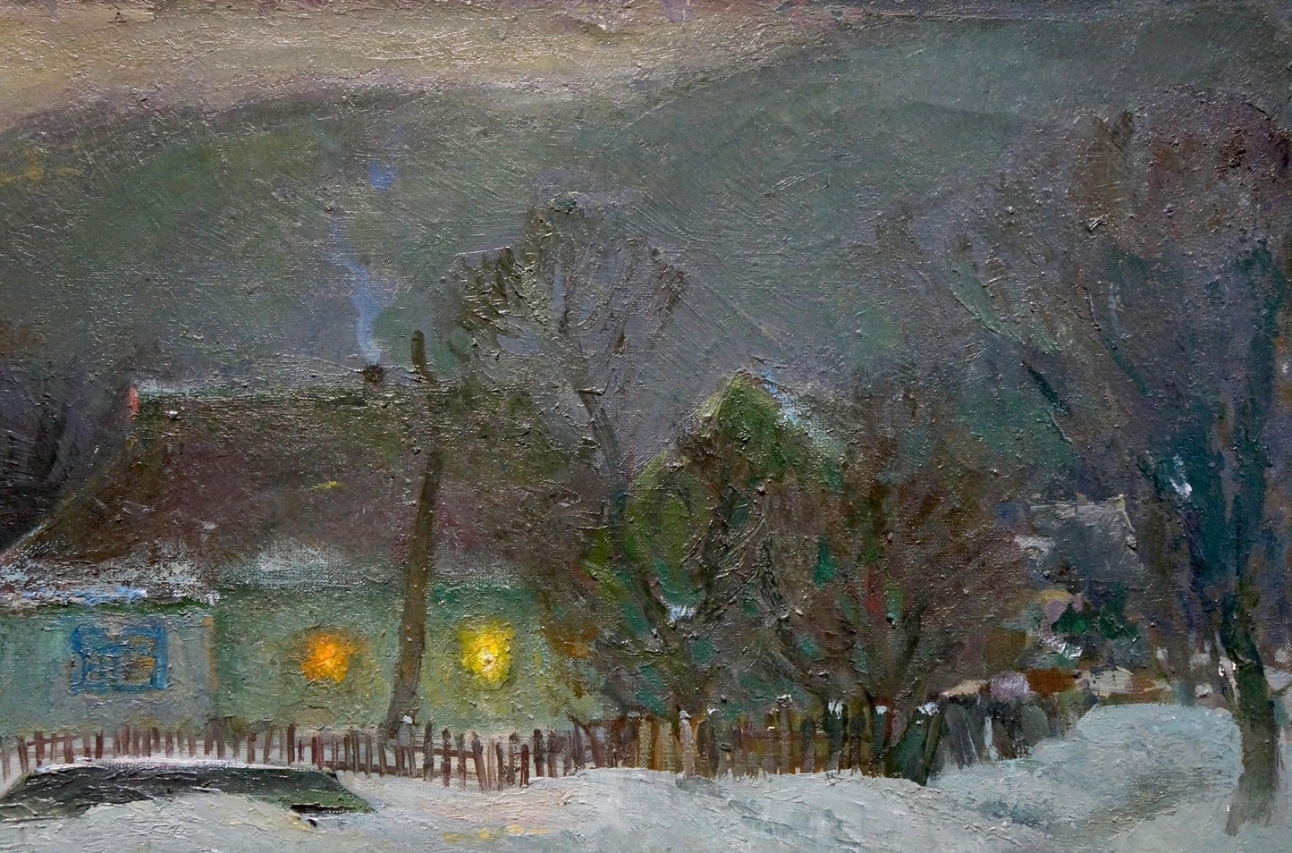 Oil painting Winter’s tale by Minka Alexander Fedorovich: cozy snow-covered house with glowing windows