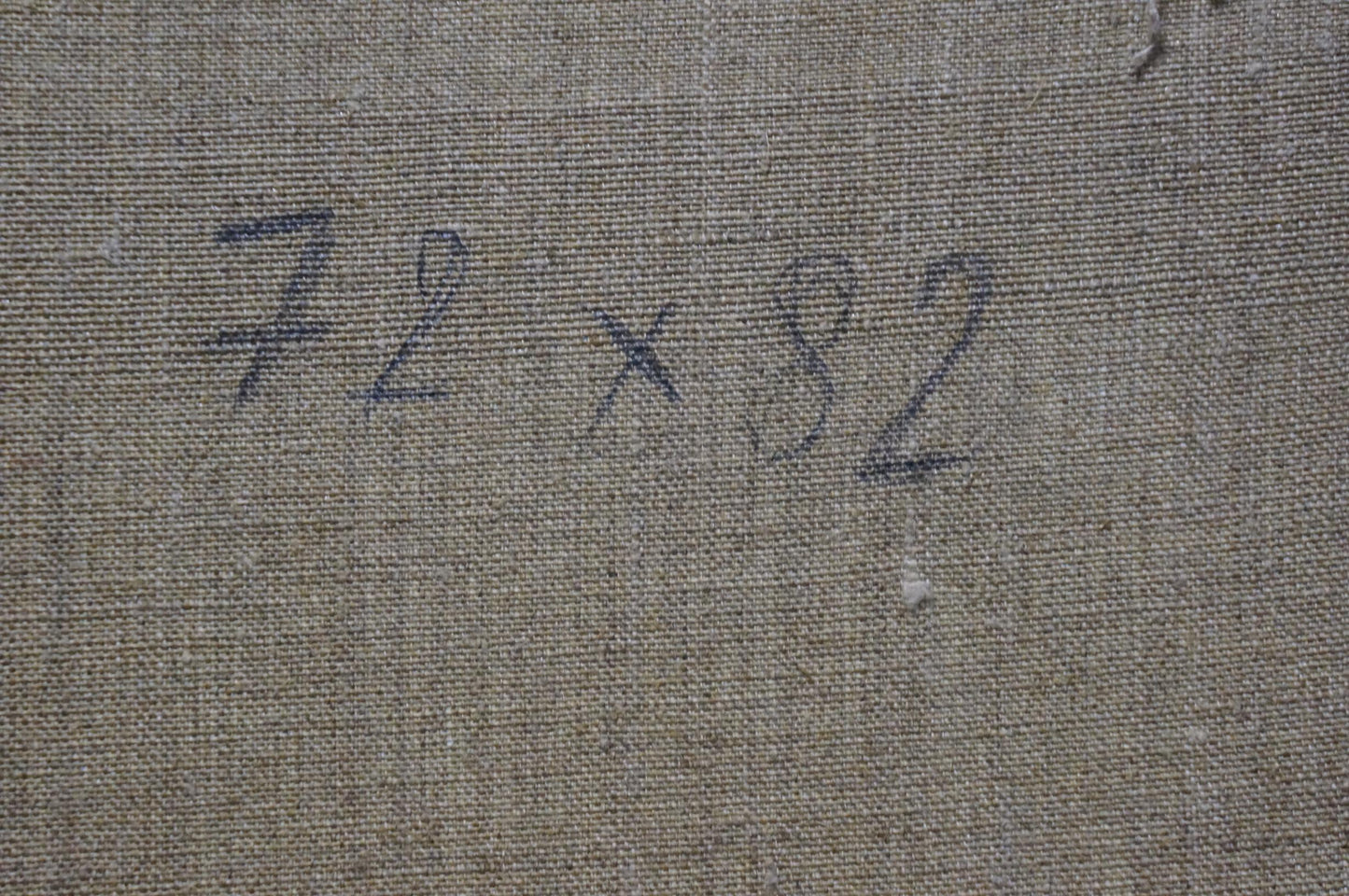 Back of Oil painting Winters tale Minka Alexander Fedorovich gray woven fabric with faint blue handwritten markings