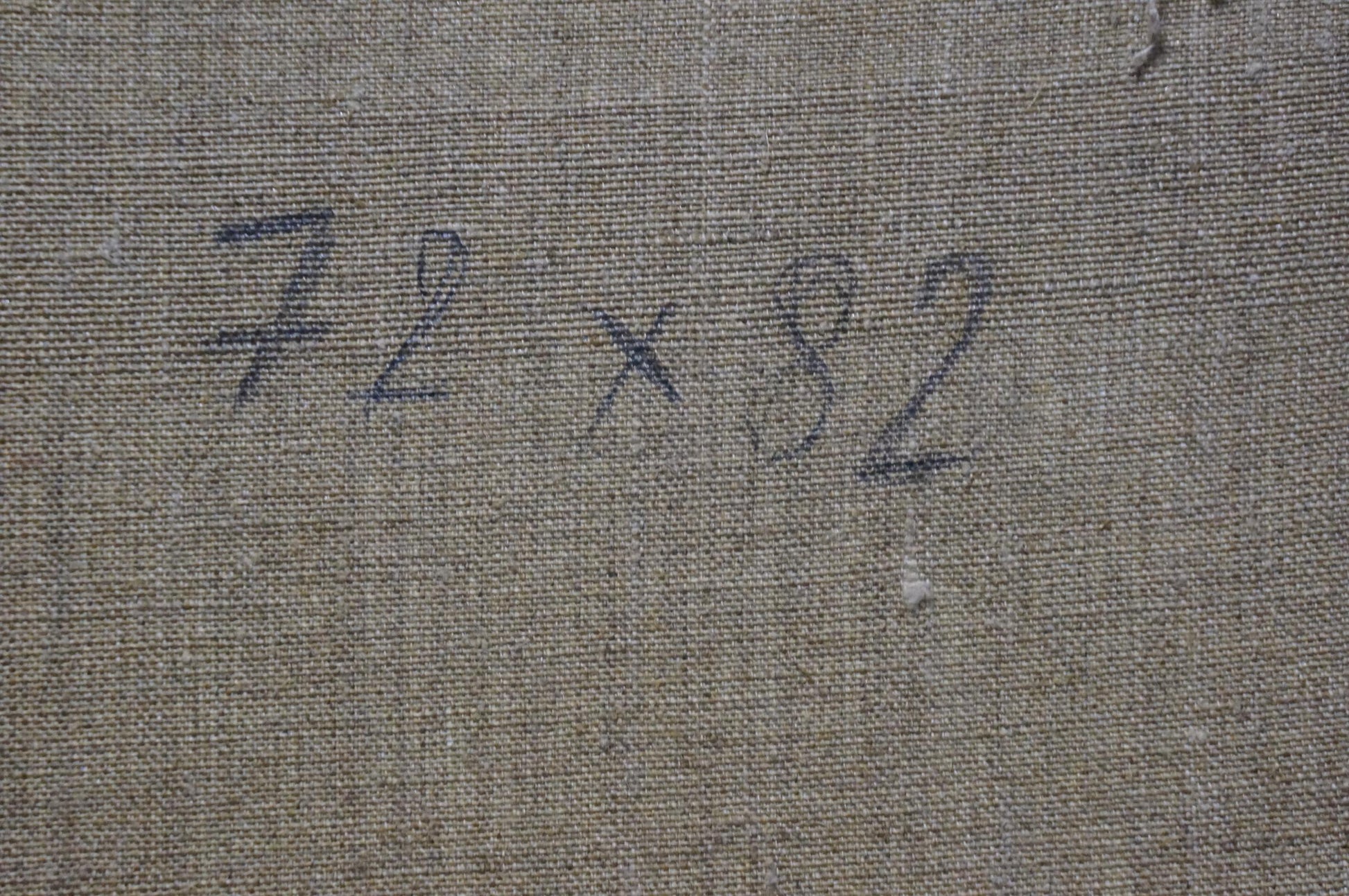Back of Oil painting Winters tale Minka Alexander Fedorovich gray woven fabric with faint blue handwritten markings