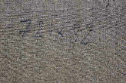 Back of Oil painting Winters tale Minka Alexander Fedorovich gray woven fabric with faint blue handwritten markings