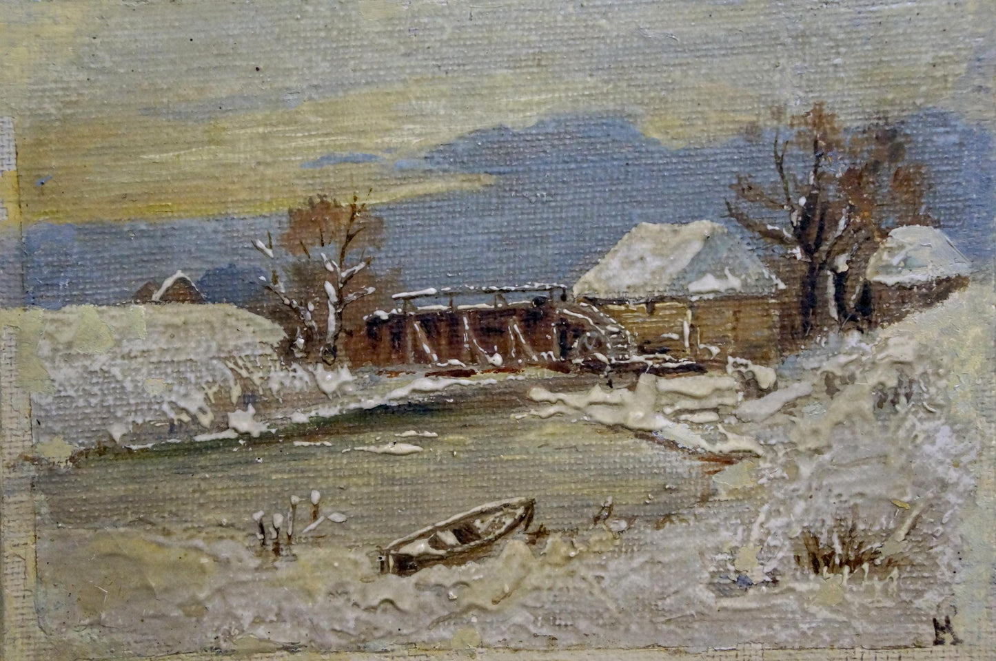 Oil painting of rustic snowy watermill by unknown artist