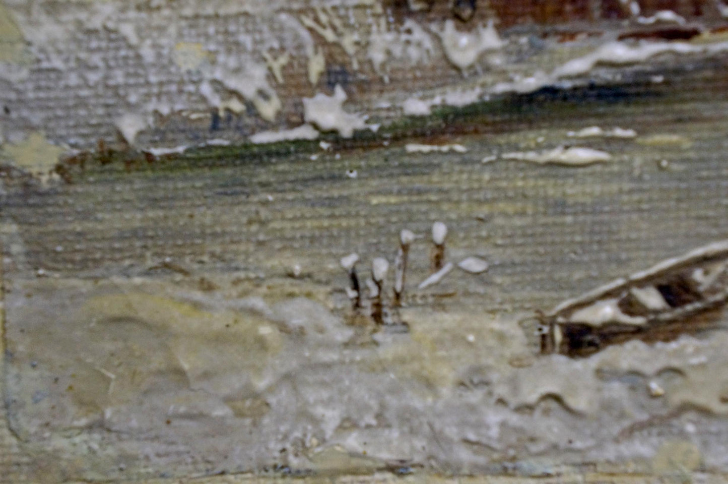 Oil painting of rustic boat on frozen river by unknown artist