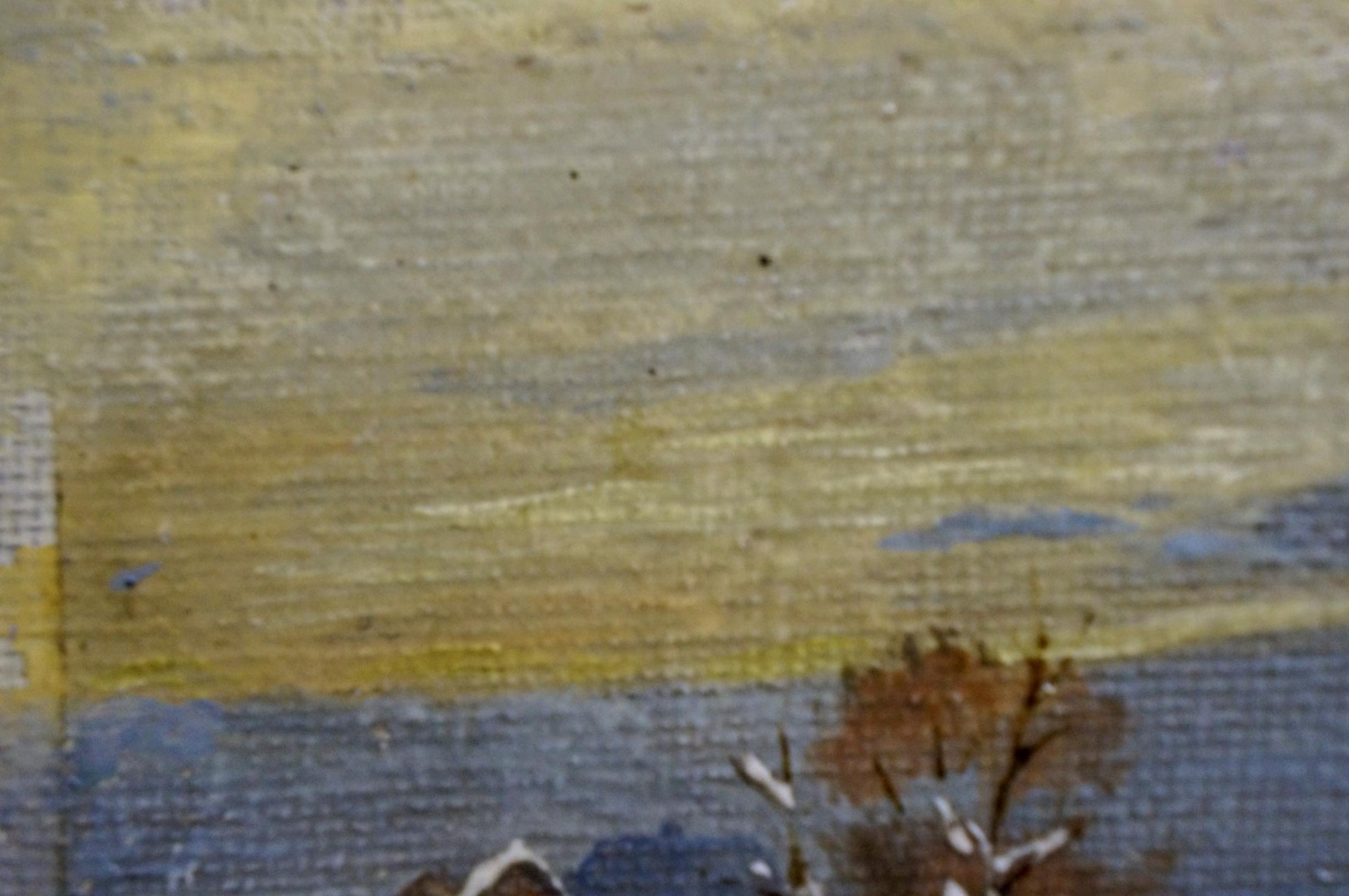 Oil painting of boat on frozen river, serene yellow-blue landscape with bare trees