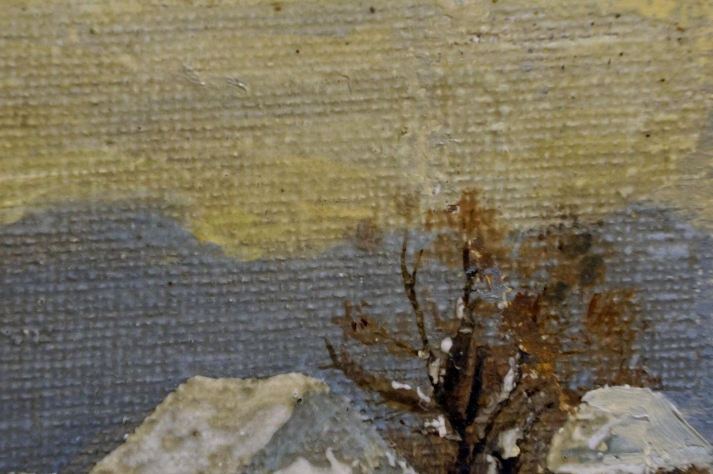 Textured oil painting of solitary tree, bare branches, muted mountains by unknown artist