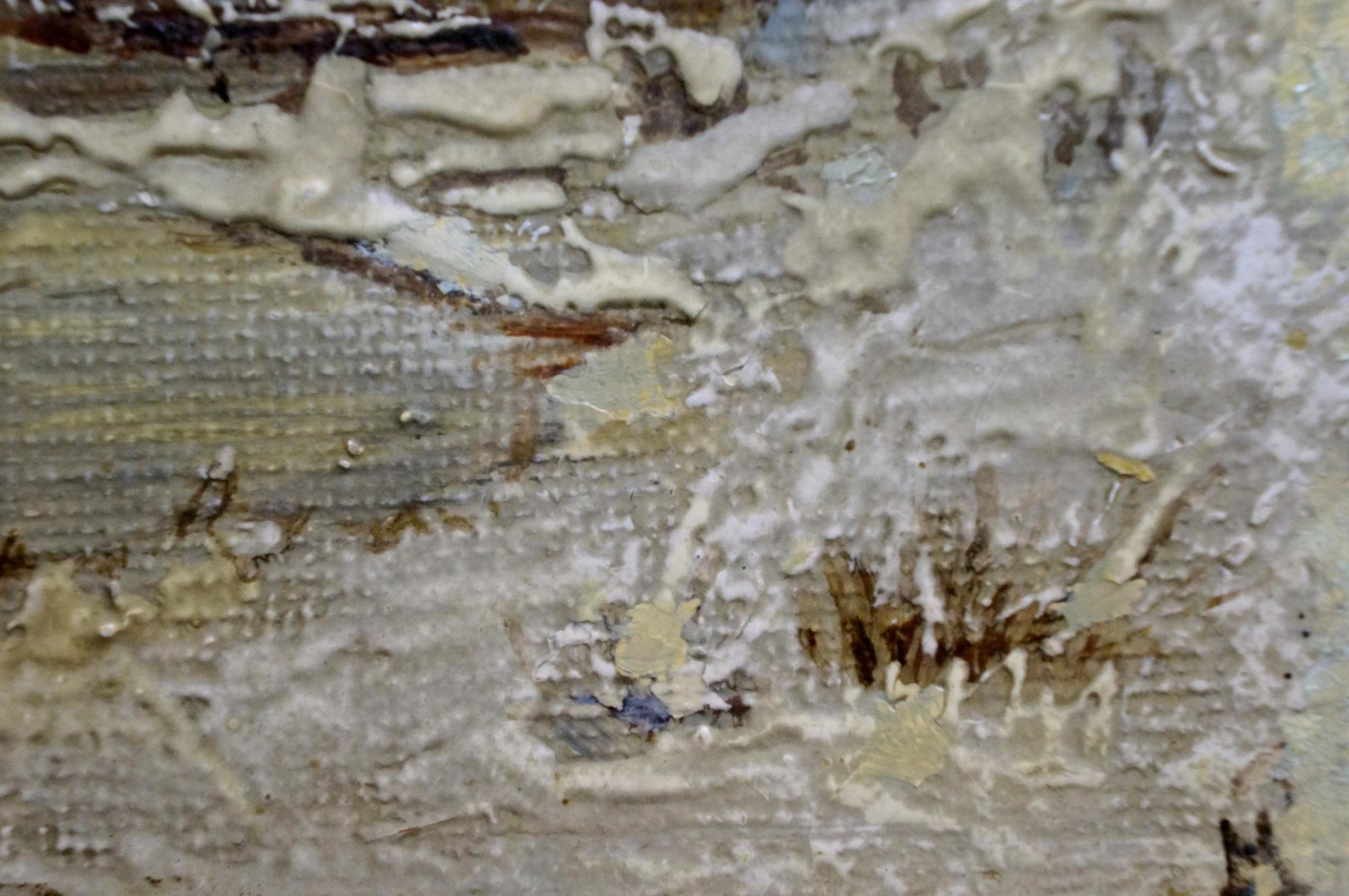 Oil painting of boat on frozen river showing peeling textured wall behind