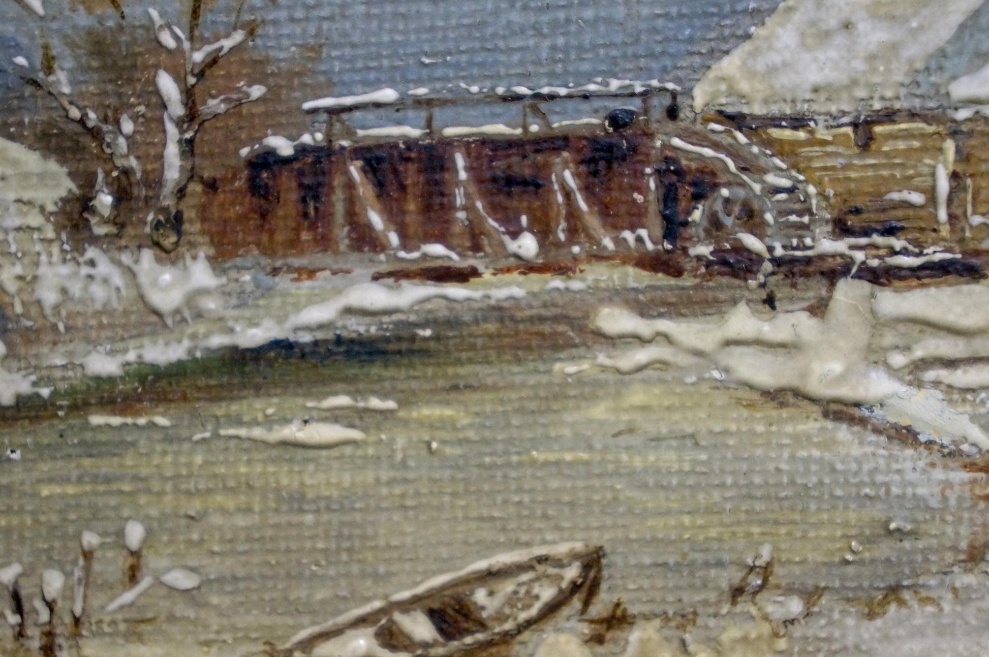 Oil painting of rustic wooden boat on snow-dusted frozen river