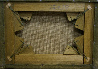 Back of oil painting Boat on frozen river on wooden stretcher with burlap panel