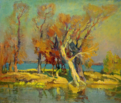 Oil painting by Minka Alexander Fedorovich: golden autumn trees by reflective waterway