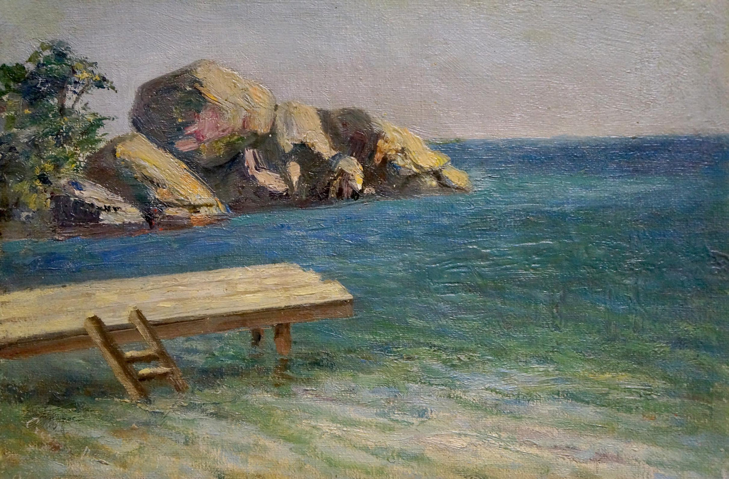 Oil painting Off the coast by Paul Christiaan Poll: wooden dock with ladder in turquoise water near rocky shore