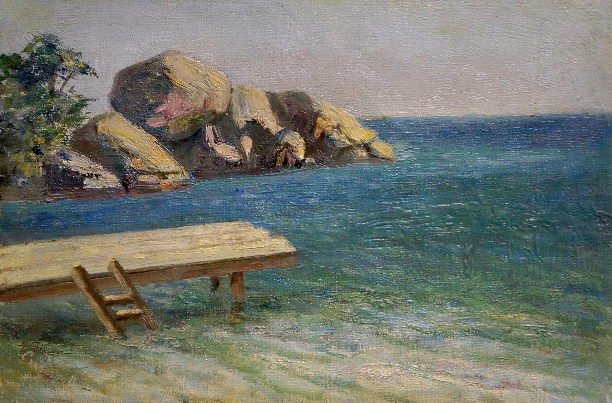 Oil painting Off the coast by Paul Christiaan Poll: wooden dock with ladder in turquoise water near rocky shore