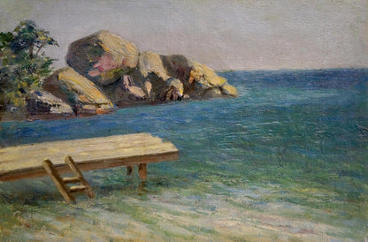Oil painting Off the coast by Paul Christiaan Poll: wooden dock with ladder in turquoise water near rocky shore