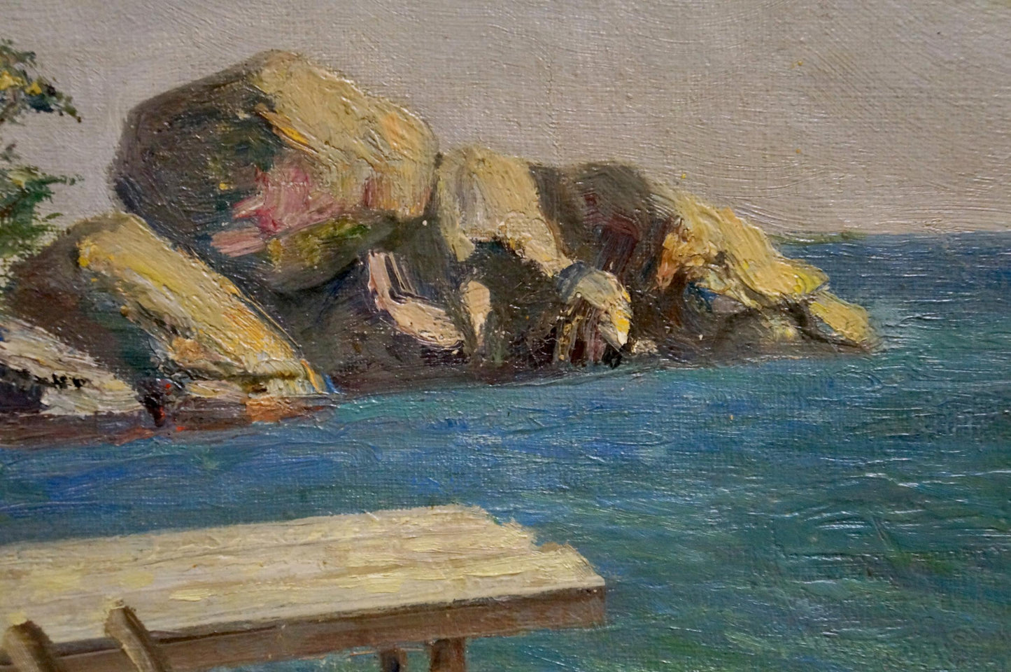 Oil painting by Paul Christiaan Poll: weathered pier in turquoise sea