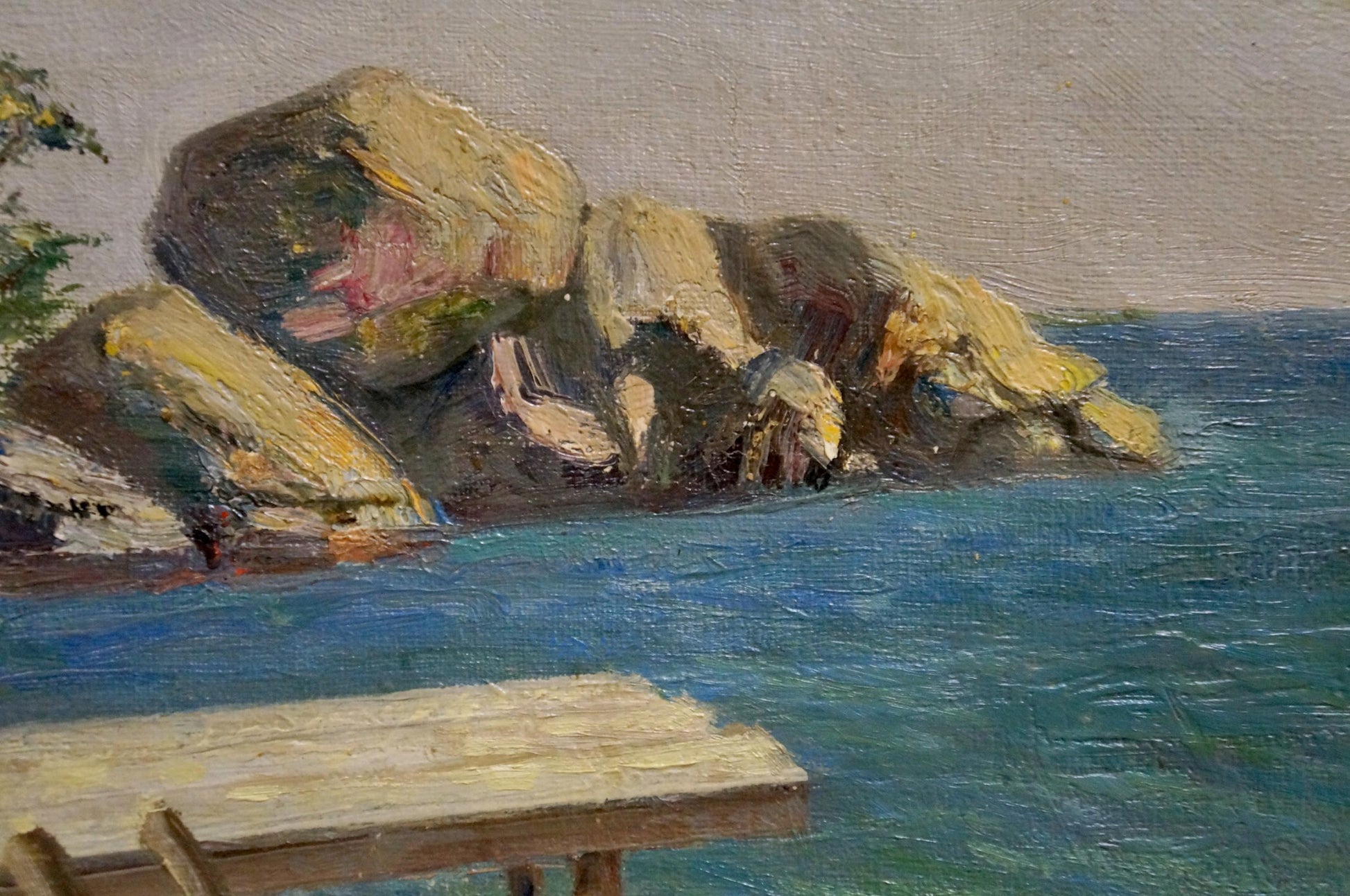 Oil painting by Paul Christiaan Poll: weathered pier in turquoise sea