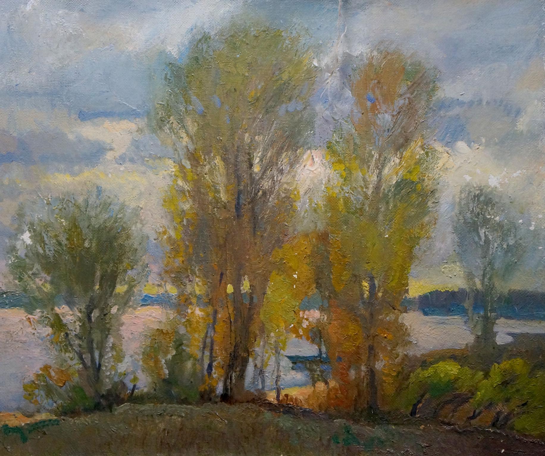 Impressionistic oil painting Sudden autumn by Alexander Minka with tall golden trees