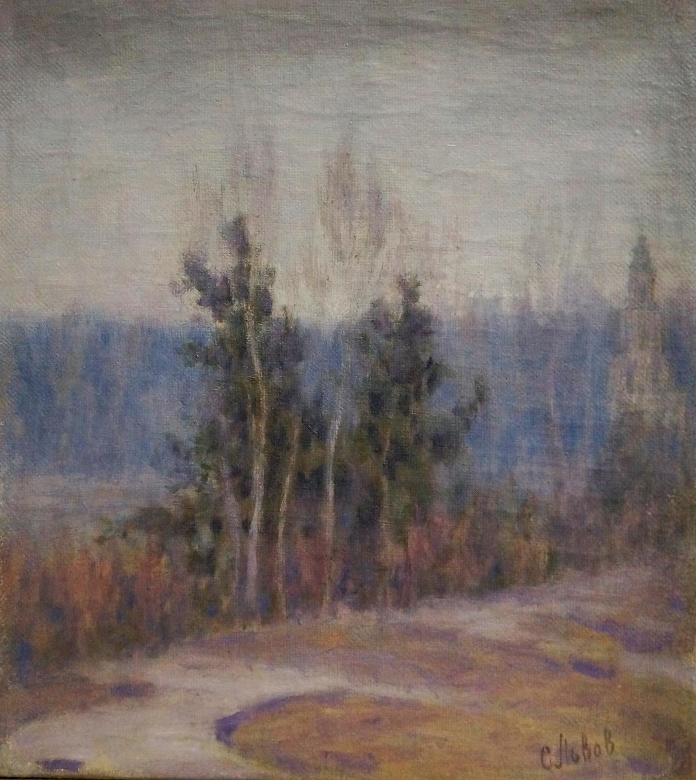 Oil painting In the fog by L’vov Sergey Sergeyevich, impressionistic foggy landscape