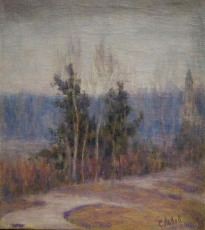 Oil painting In the fog by L’vov Sergey Sergeyevich, impressionistic foggy landscape