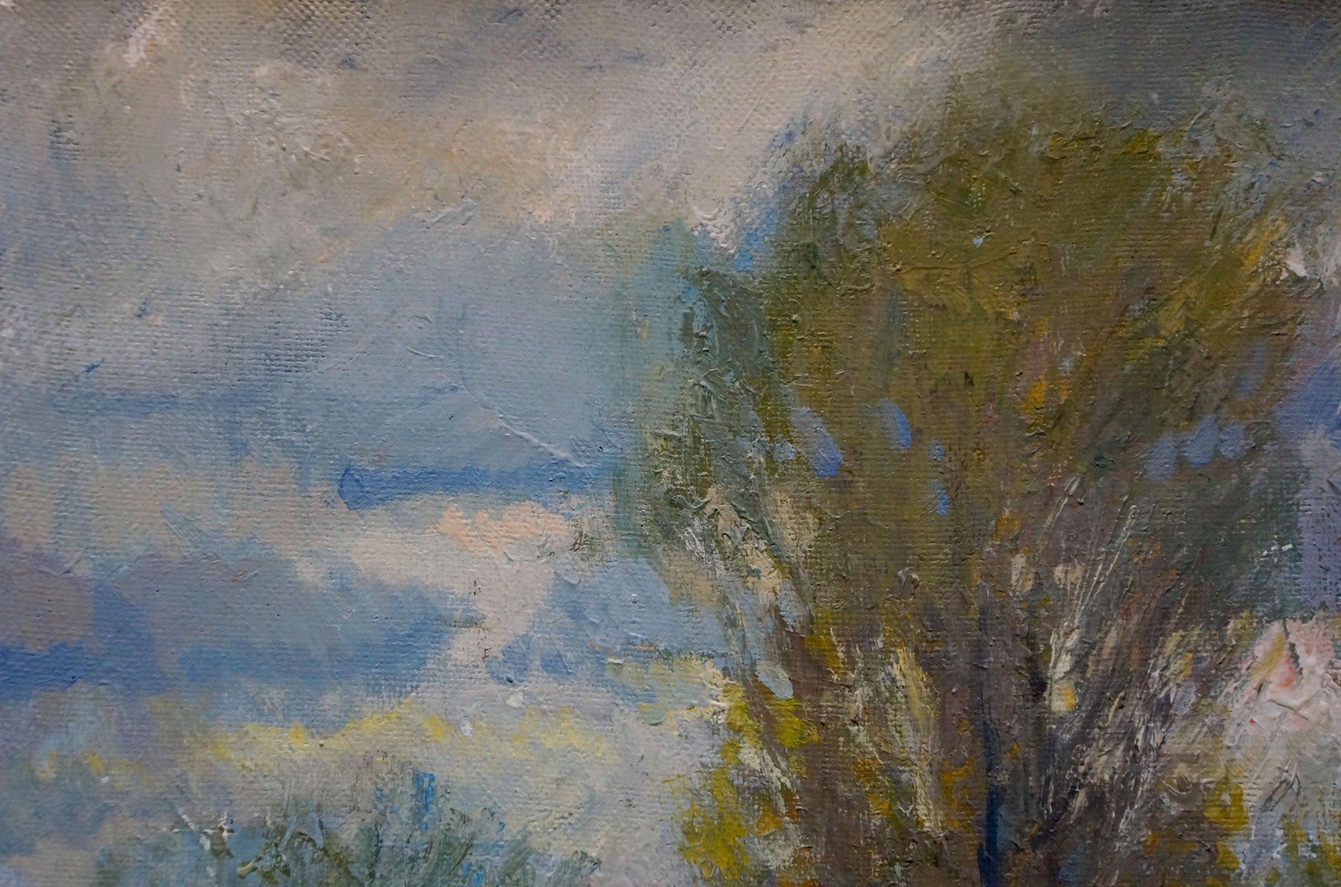 Oil painting Sudden Autumn by Alexander Minka: textured tree in green-yellow foliage, cloudy sky