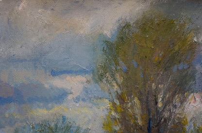 Oil painting Sudden Autumn by Alexander Minka: textured tree in green-yellow foliage, cloudy sky