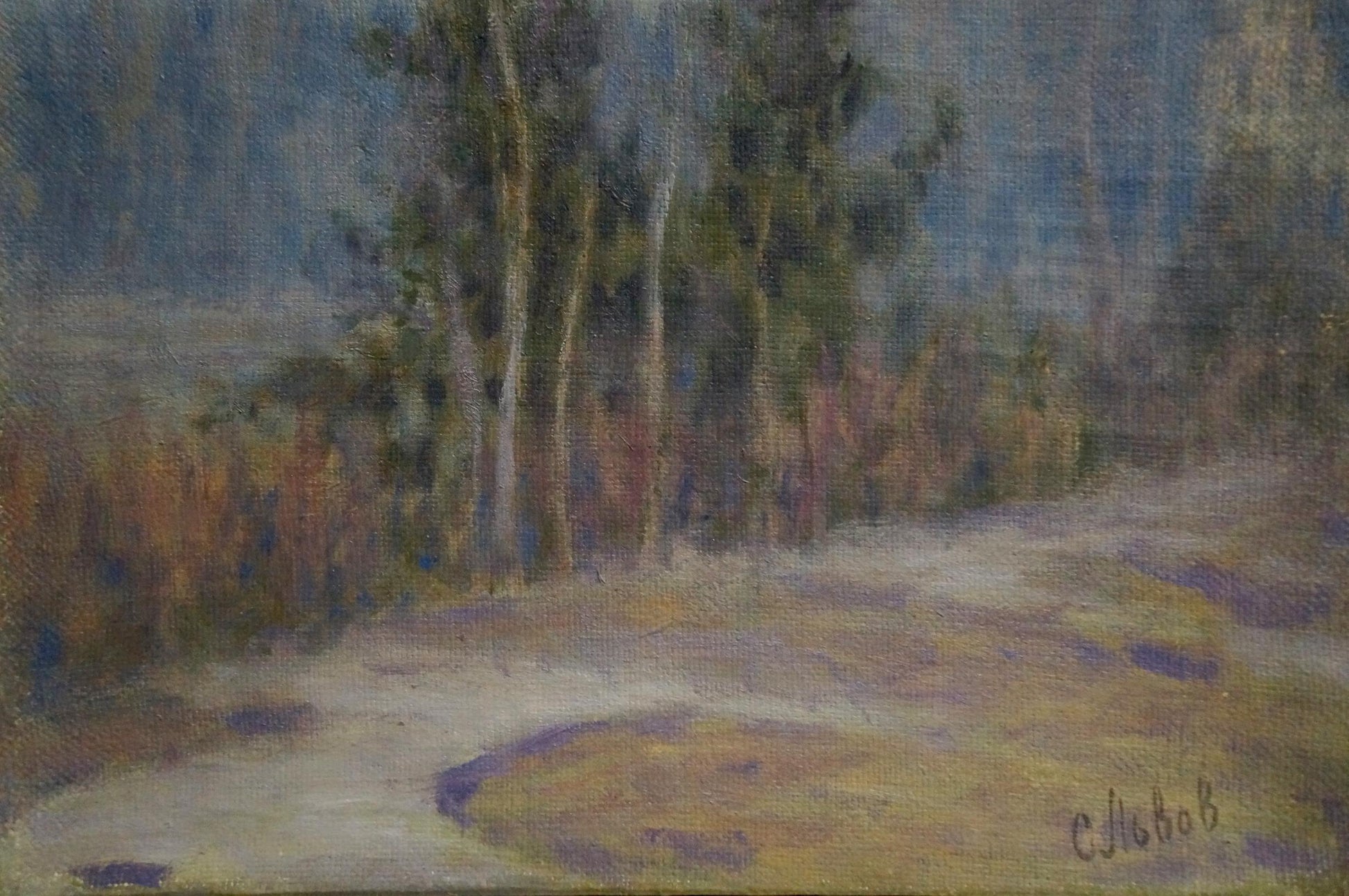 Impressionistic oil painting by Lvov Sergey Sergeyevich: foggy forest path with tall trees and purple flowers