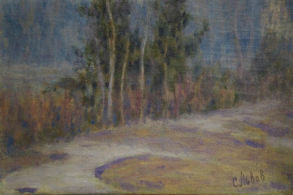 Impressionistic oil painting by Lvov Sergey Sergeyevich: foggy forest path with tall trees and purple flowers