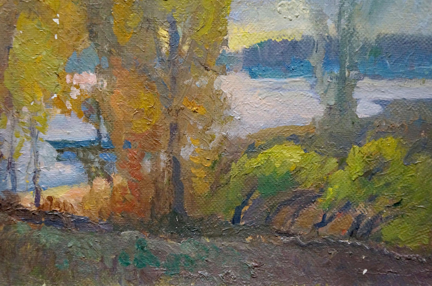 Oil painting Sudden Autumn by Alexander Minka, impressionistic autumn landscape