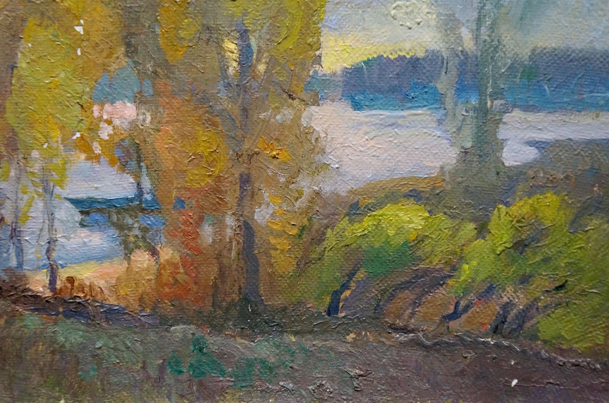 Oil painting Sudden Autumn by Alexander Minka, impressionistic autumn landscape