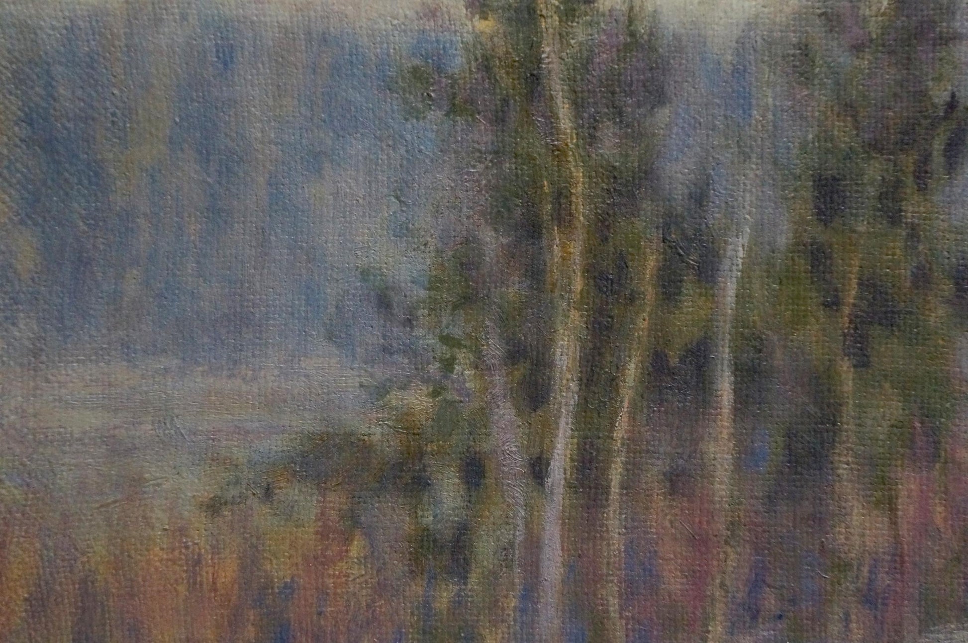 Soft-focus impressionistic oil painting by L’vov Sergey Sergeyevich: tall slender trees in fog