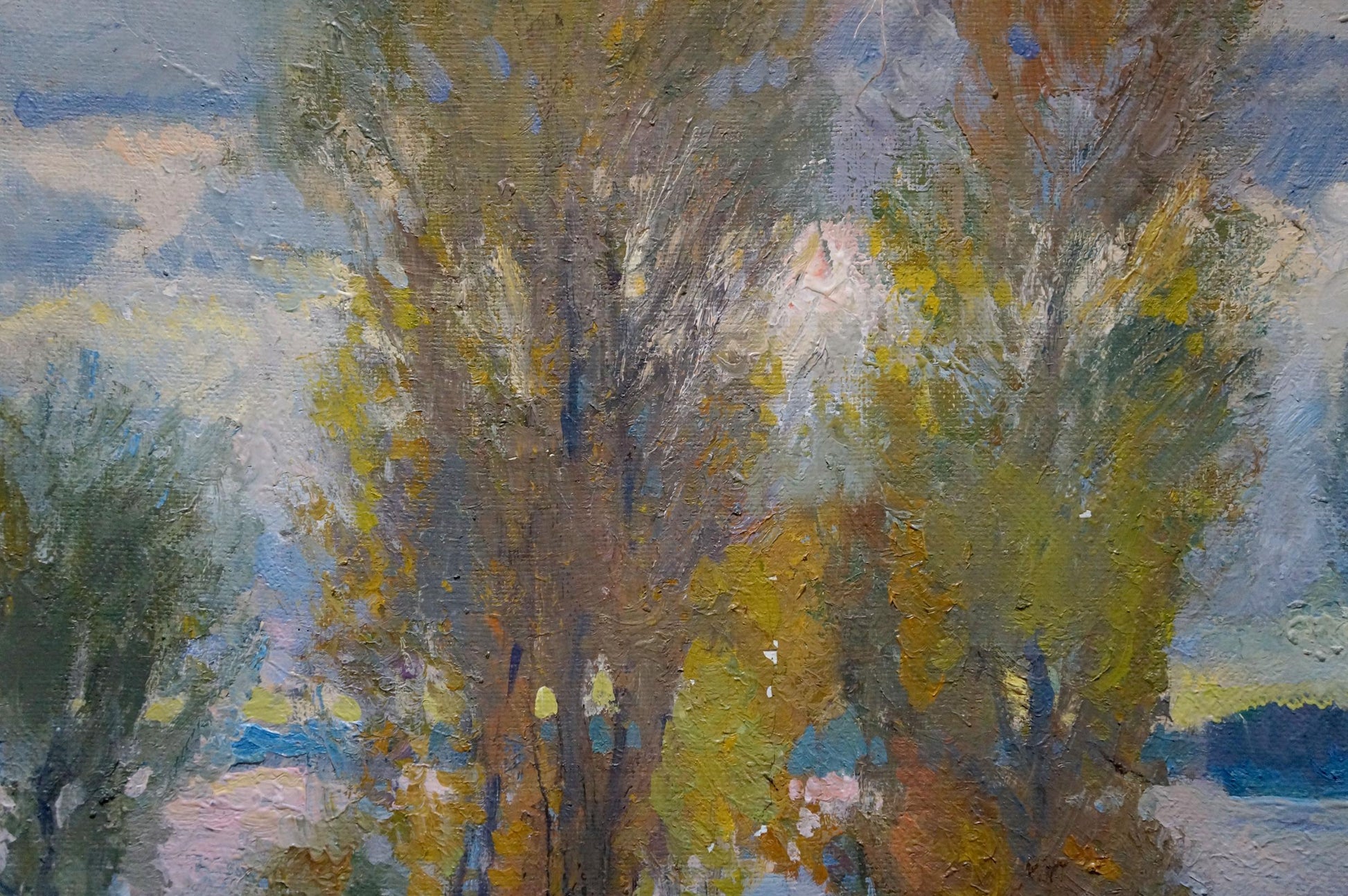 Impressionistic oil painting Sudden Autumn by Alexander Minka, textured trees