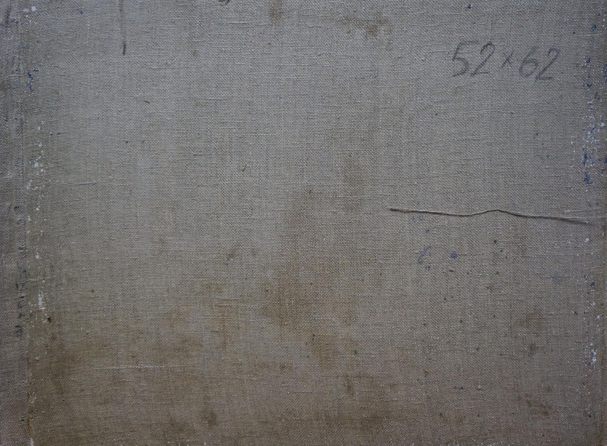 Back of Oil painting Sudden autumn by Alexander Minka with gray textured canvas and handwritten measurements