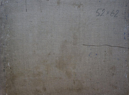 Back of Oil painting Sudden autumn by Alexander Minka with gray textured canvas and handwritten measurements