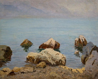 Oil painting Off the Coast by Paul Christiaan Bos: rugged rocks in blue water