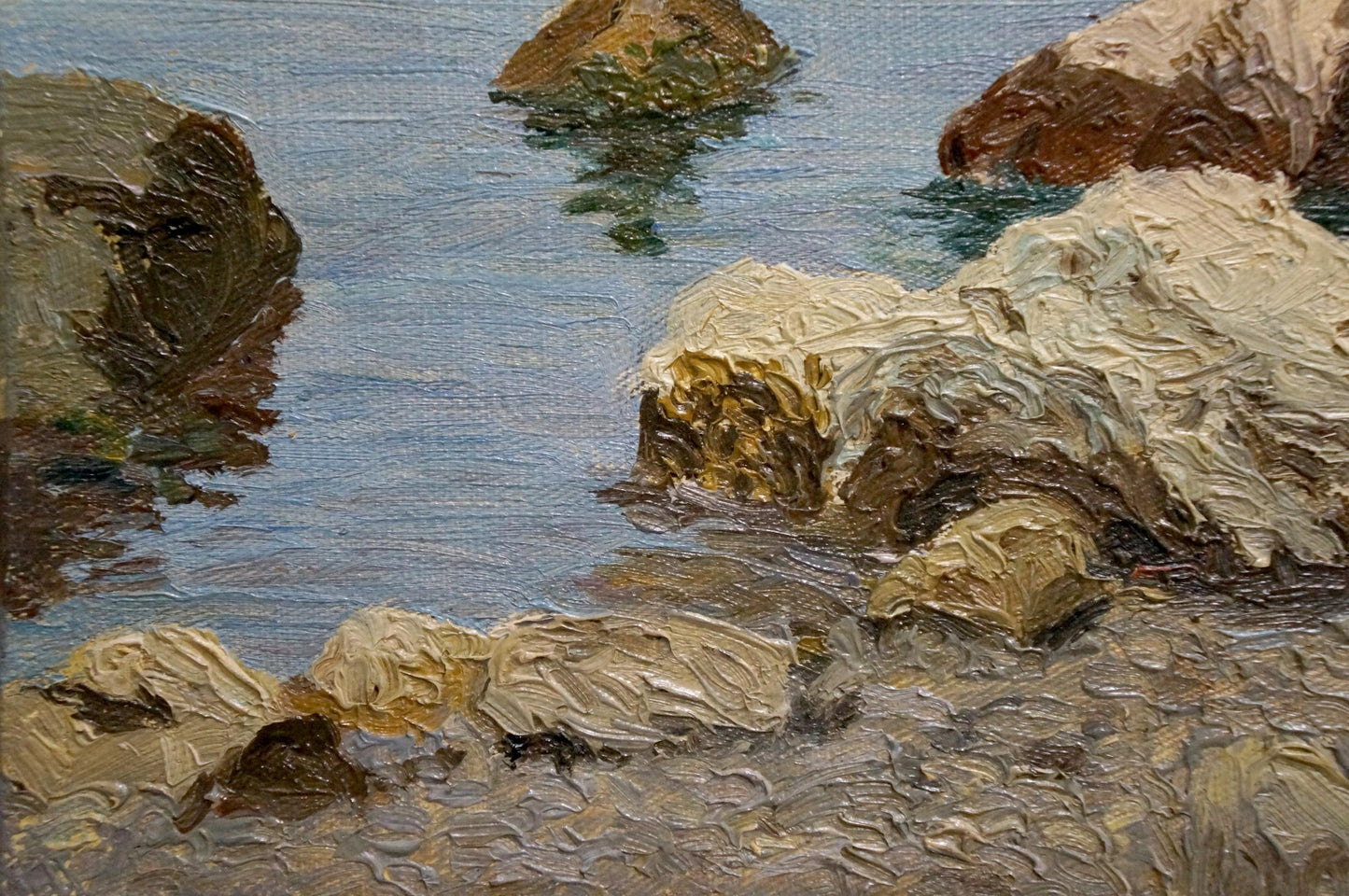 Oil painting Off the coast by Paul Christiaan Bos textured beige brown rocks