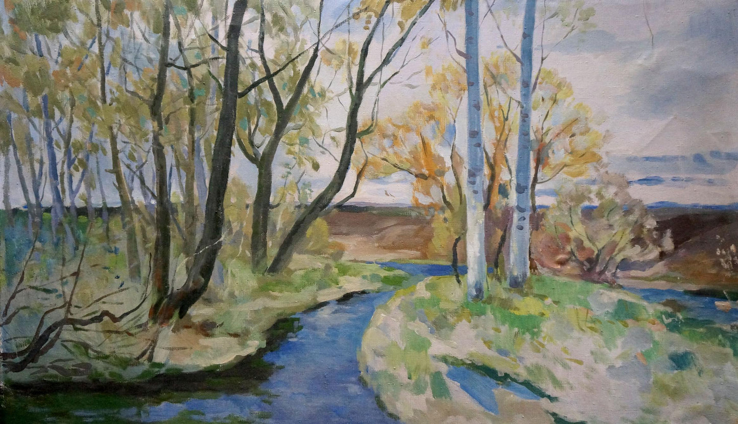 Serene oil painting by Minka Alexander Fedorovich: blue river in birch forest