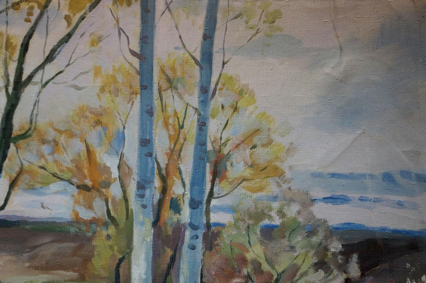 Watercolor birch trees with blue trunks by Minka Alexander Fedorovich