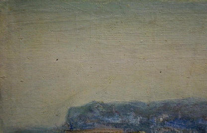 Oil painting Fog in the mountains: textured beige blue landscape