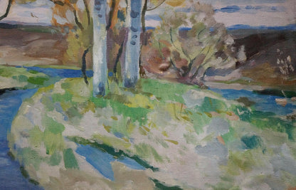 Oil painting of birch trees by river by Minka Alexander Fedorovich
