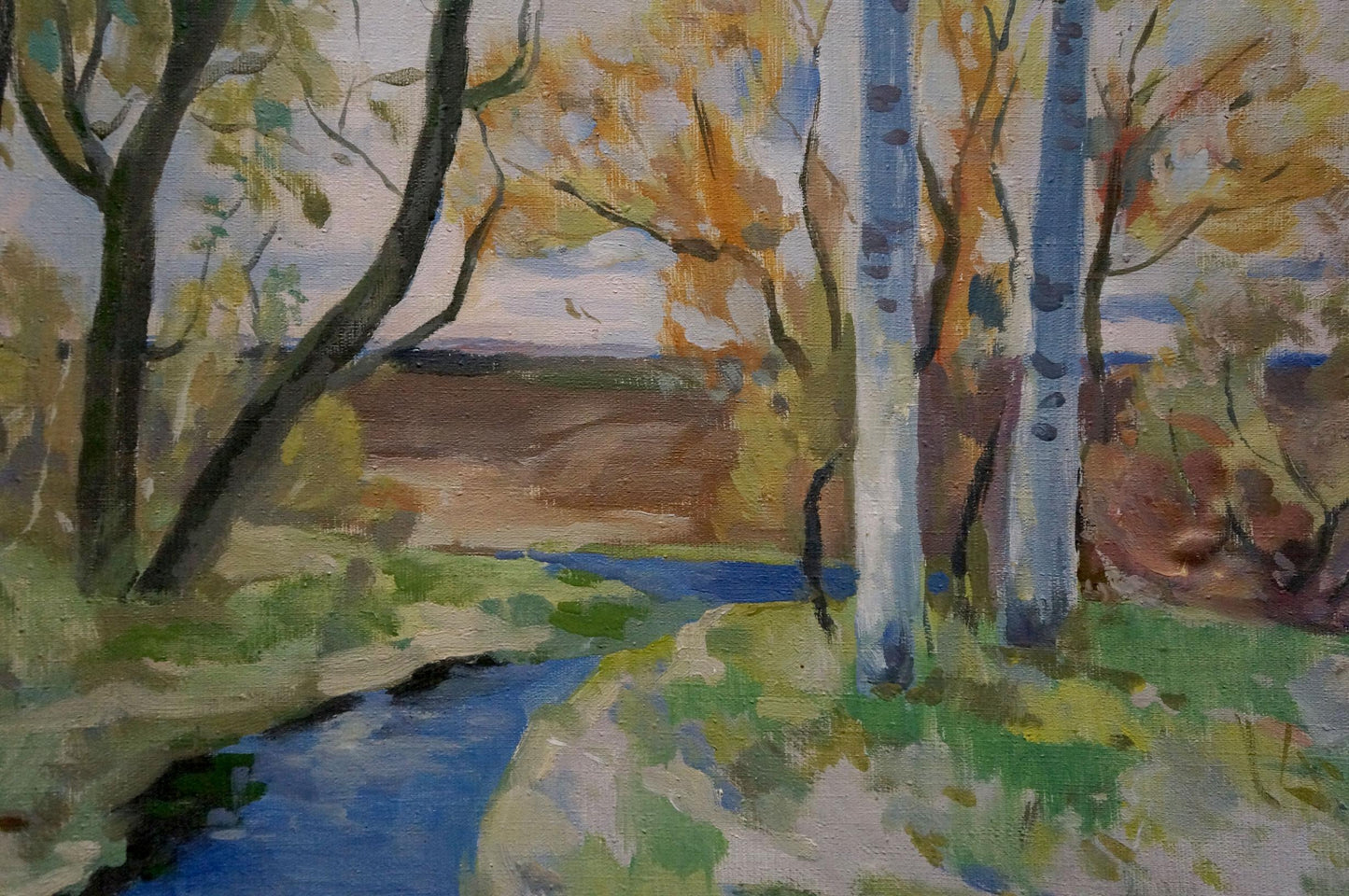 Serene autumn oil painting by Minka Alexander Fedorovich with blue stream