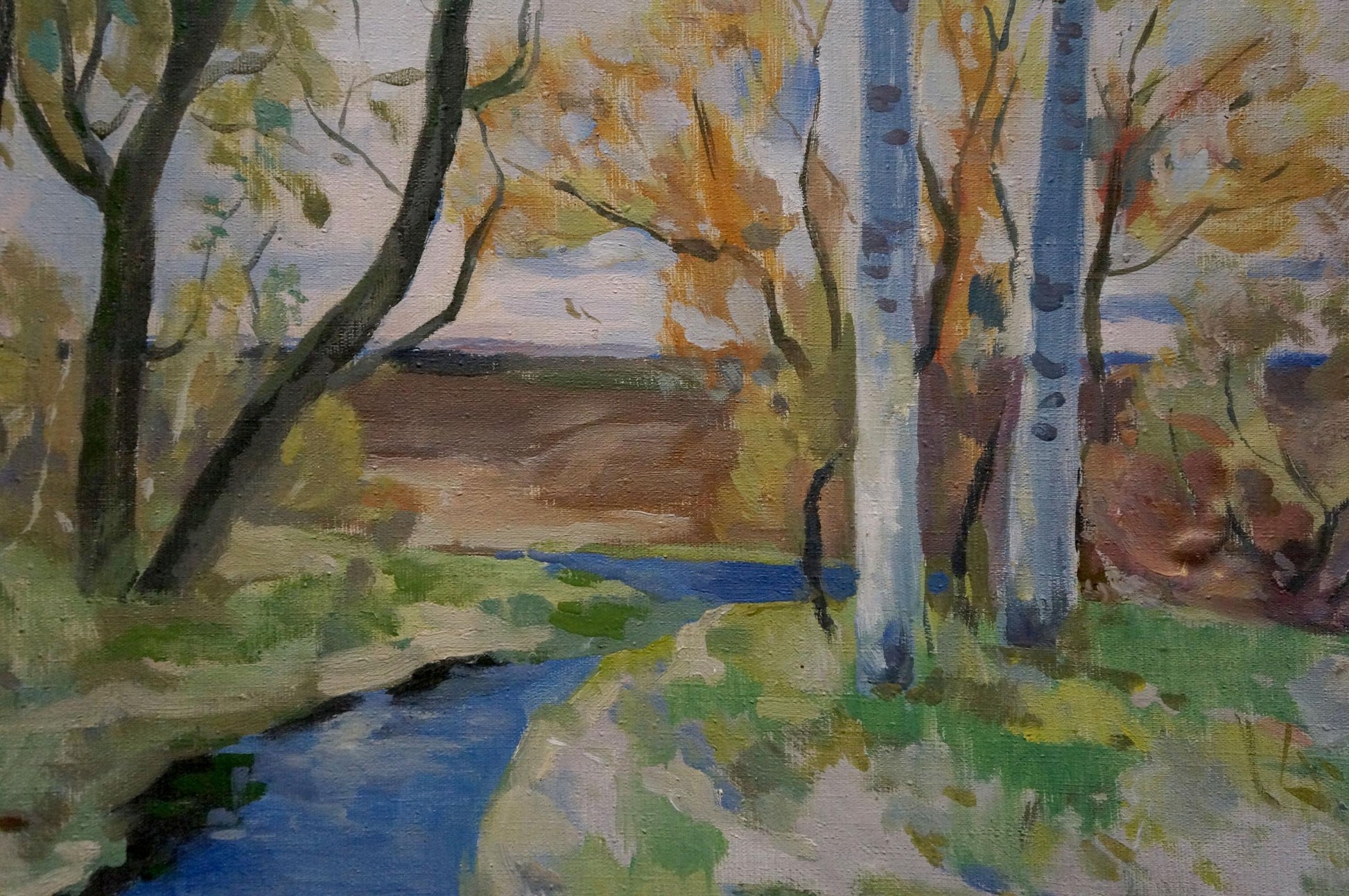 Serene autumn oil painting by Minka Alexander Fedorovich with blue stream