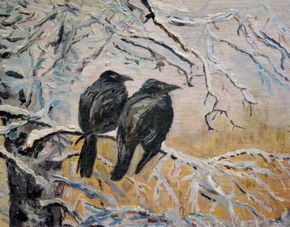 Oil painting of two black crows on snow-dusted branches by Vladimir Ivanovich Kozlovsky