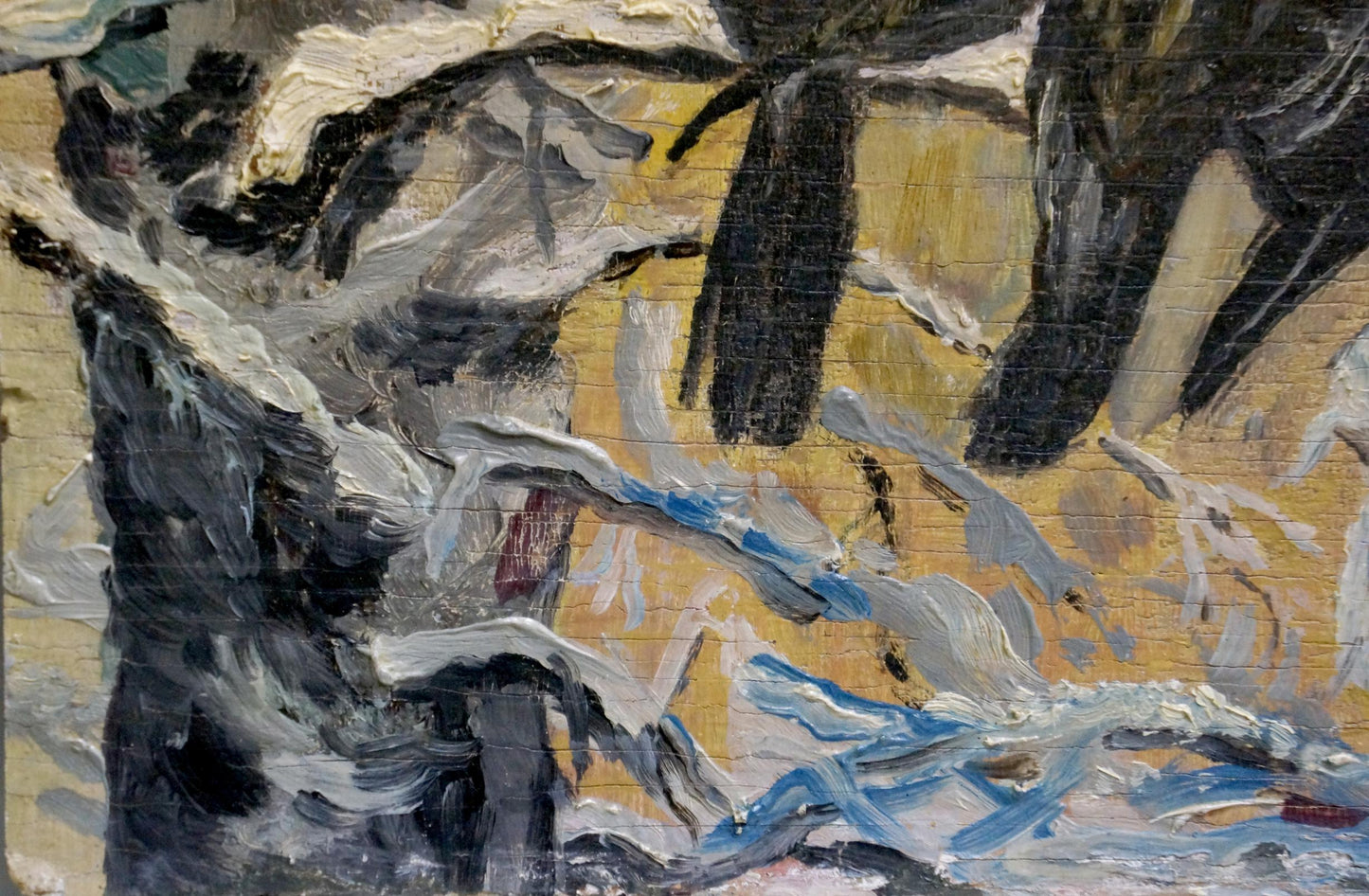 Oil painting Crows by Vladimir Ivanovich Kozlovsky, abstract expressionist with bold textured black white gray yellow blue strokes