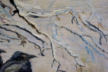 Oil painting Crows by Vladimir Ivanovich Kozlovsky, textured grayscale brushstrokes