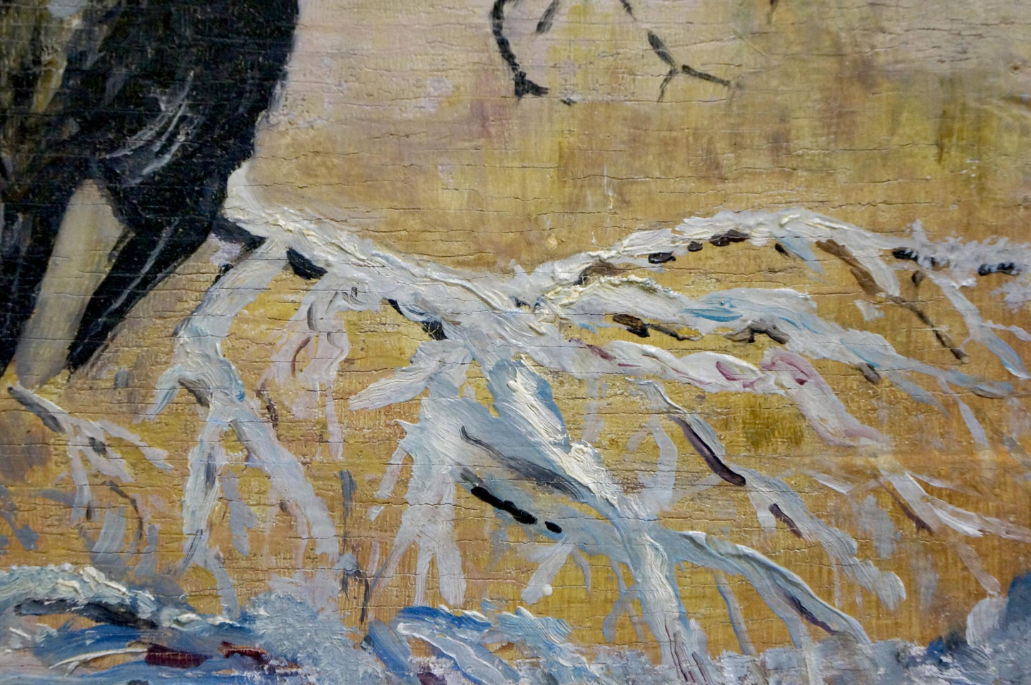 Oil painting Crows by Vladimir Ivanovich Kozlovsky: black bird on white branches, golden background
