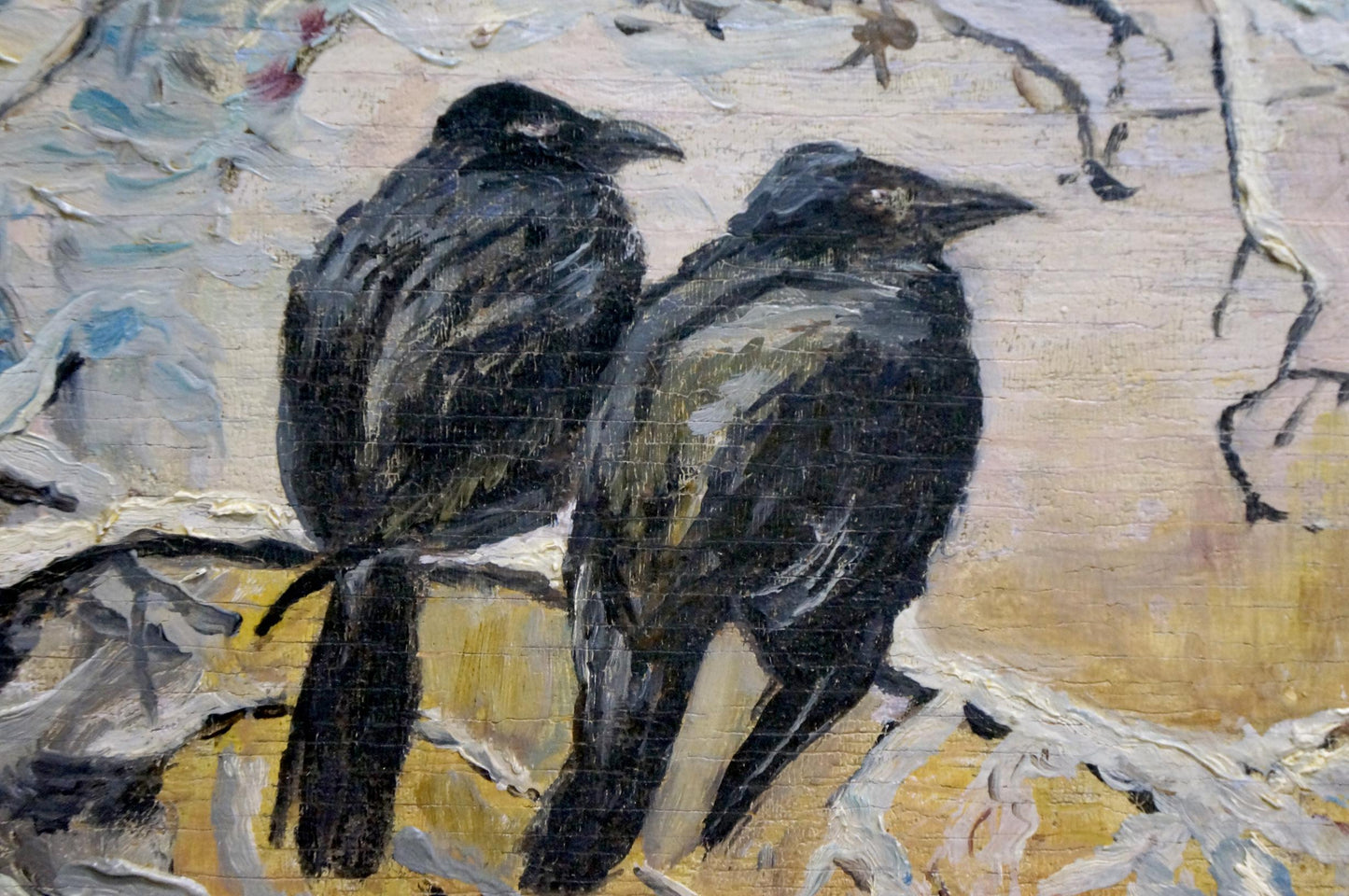 Oil painting of two black crows on branch by Vladimir Ivanovich Kozlovsky