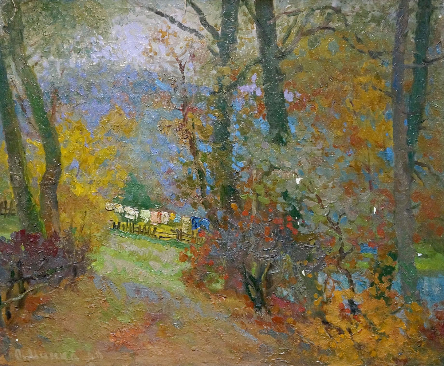 Oil painting In the country by Minka Alexander Fedorovich: vibrant autumn forest foliage