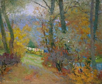 Oil painting In the country by Minka Alexander Fedorovich: vibrant autumn forest foliage