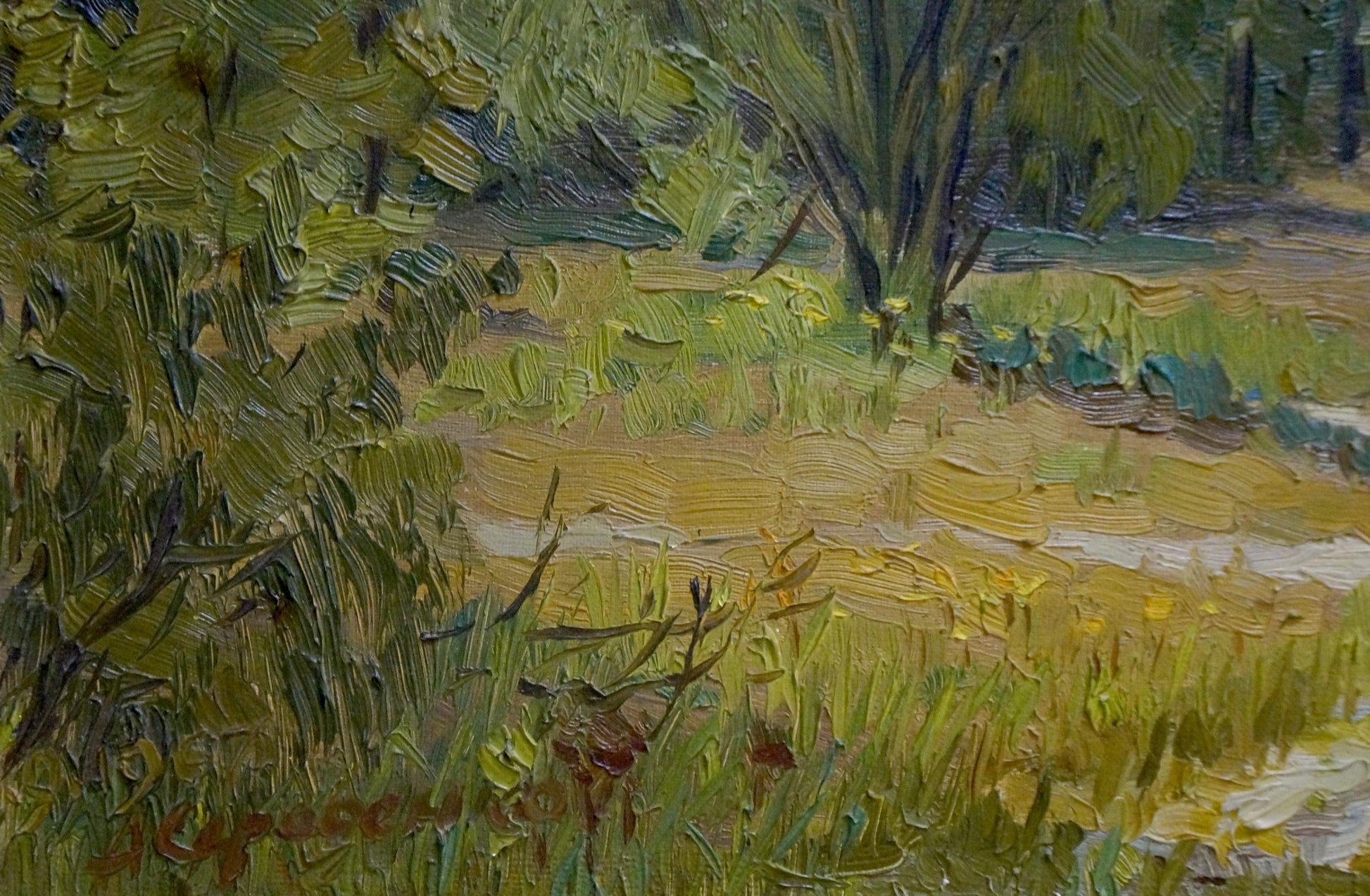 Oil painting Road to the forest Z. Seredenko: sunlit meadow with lush foliage