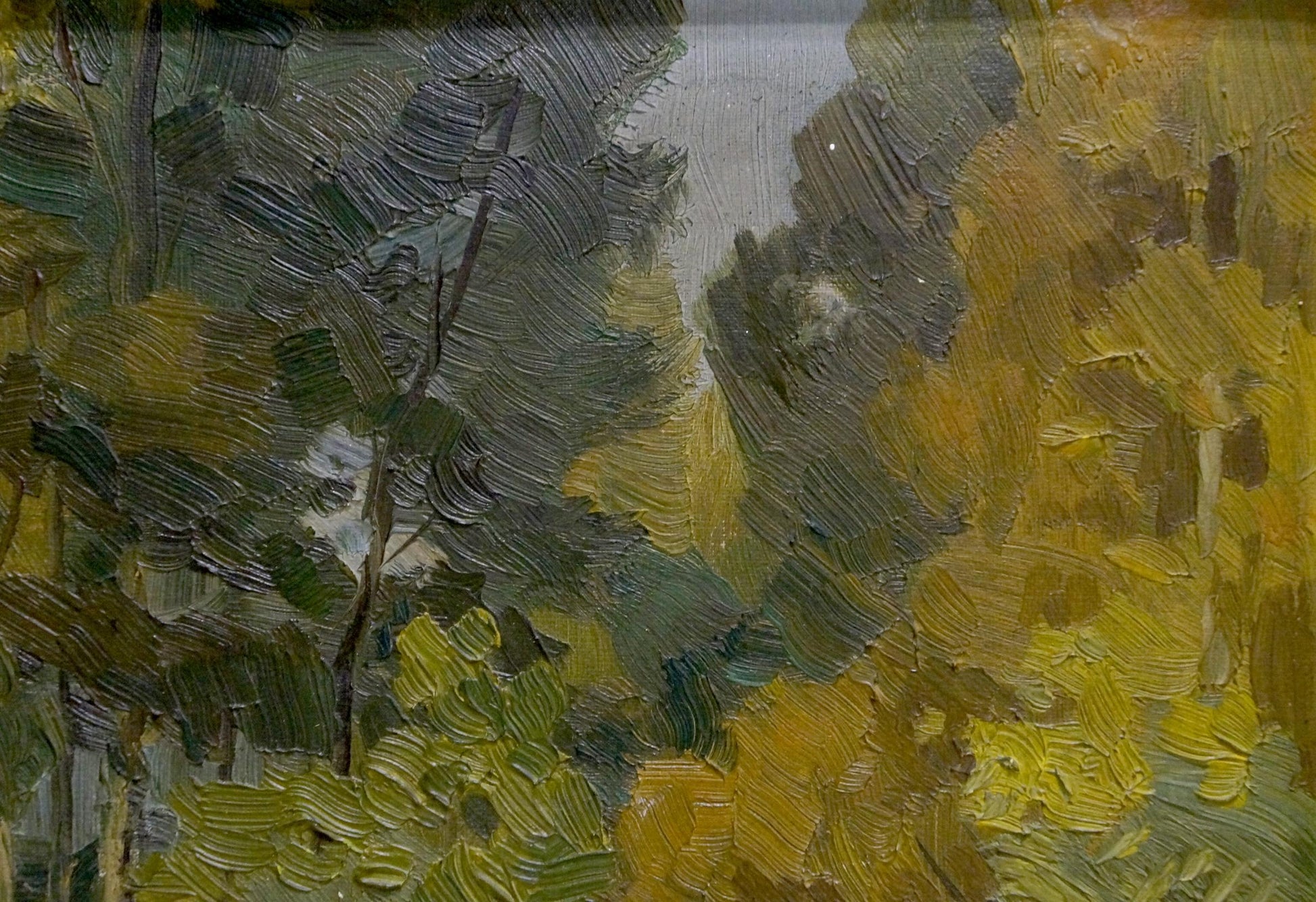 Oil painting Road to the Forest by Z. Seredenko with textured yellow, green, gray foliage